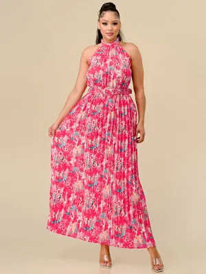 WOMEN'S SLEEVELESS HALTER NECK PLEATED BELTED FLORAL MAXI DRESS
