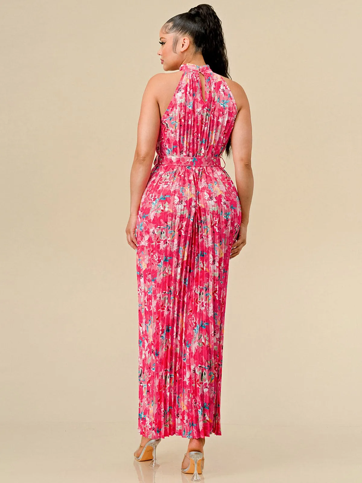 WOMEN'S SLEEVELESS HALTER NECK PLEATED BELTED FLORAL MAXI DRESS