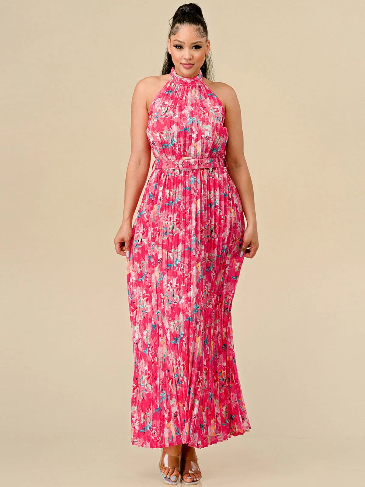WOMEN'S SLEEVELESS HALTER NECK PLEATED BELTED FLORAL MAXI DRESS