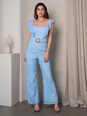 WOMEN'S SLEEVELESS RUFFLE BELTED LACE JUMPSUIT
