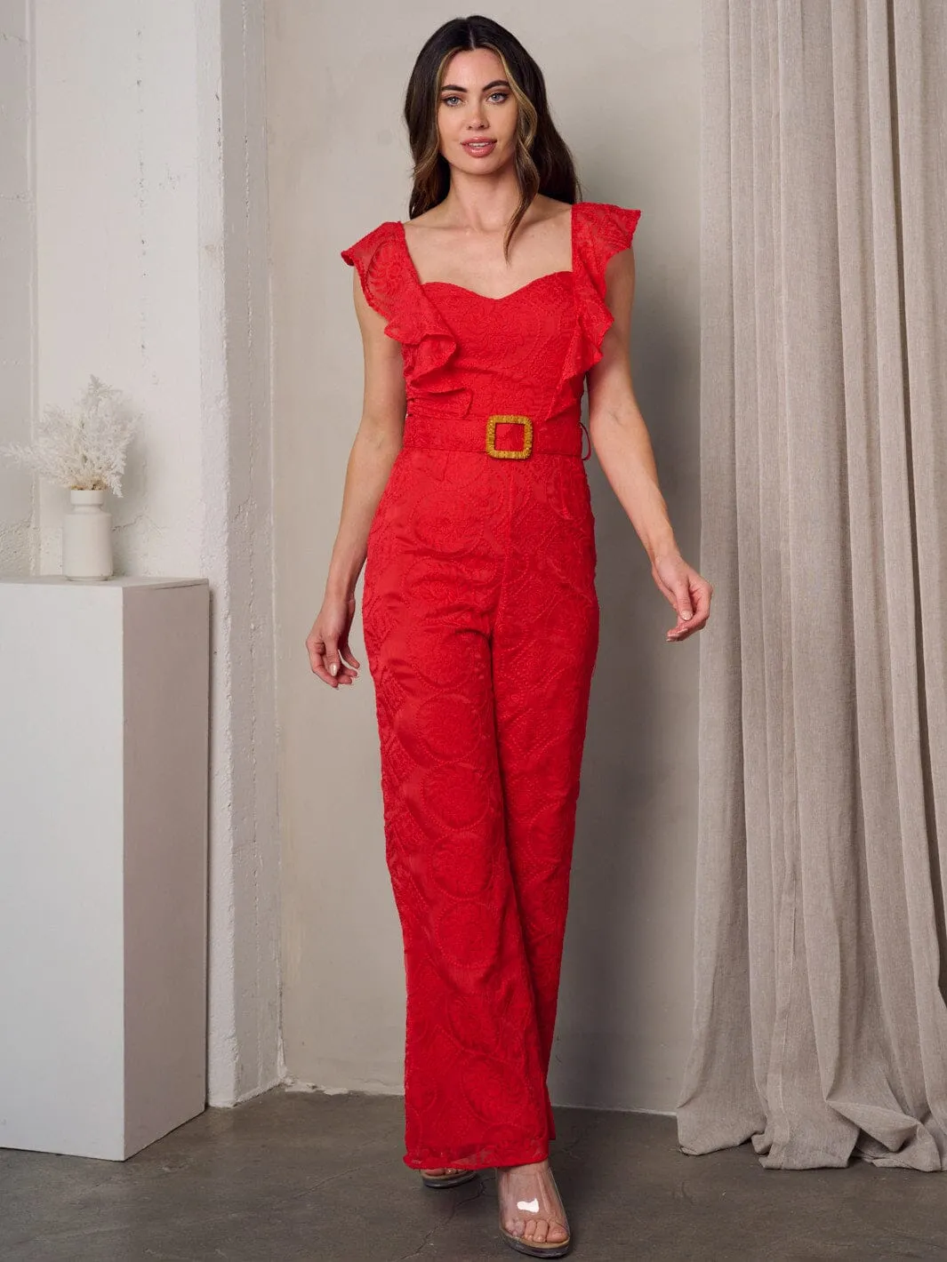 WOMEN'S SLEEVELESS RUFFLE BELTED LACE JUMPSUIT
