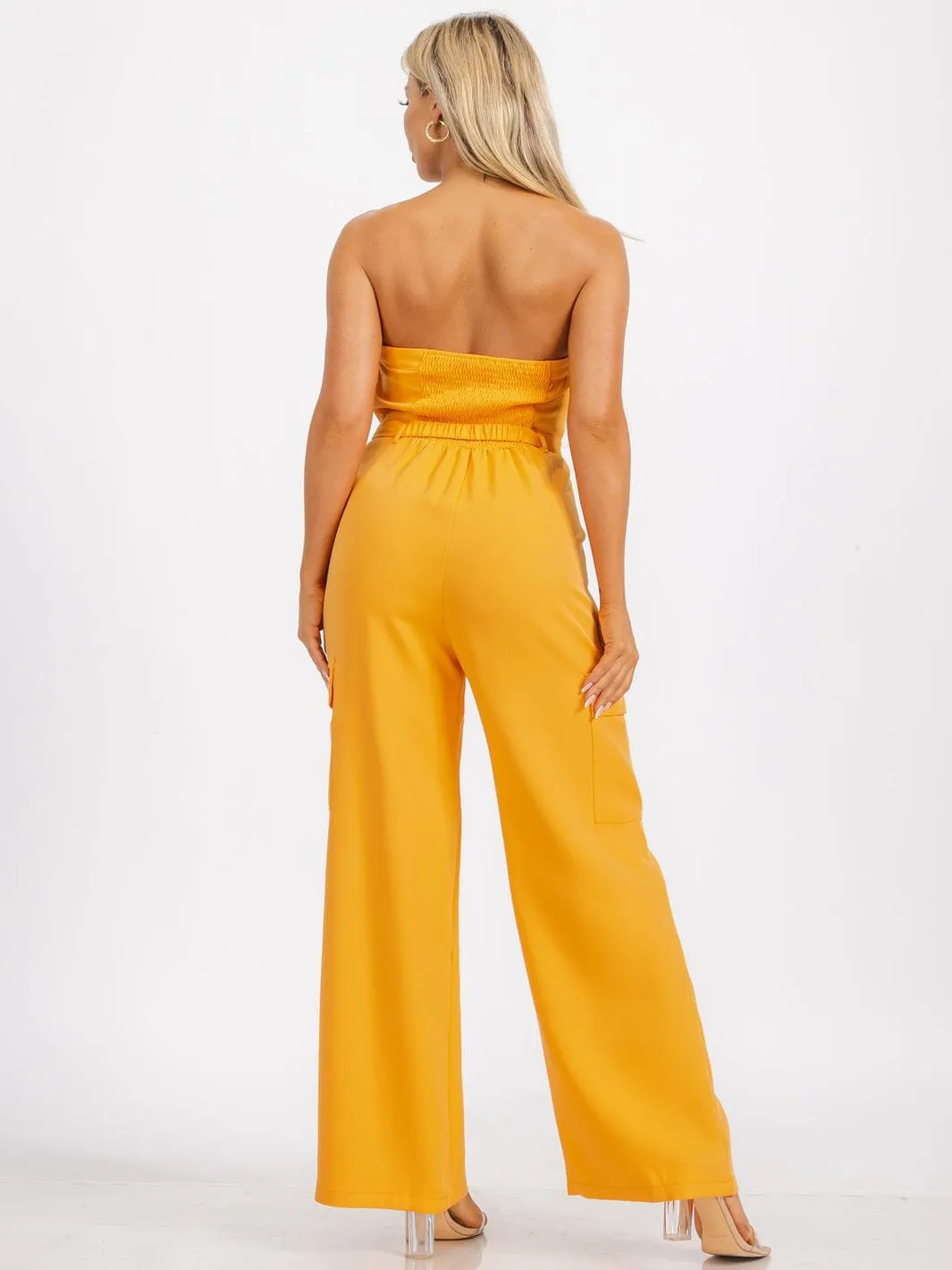 WOMEN'S SLEEVELESS SMOCK BELTED POCKETS WIDE LEG JUMPSUIT
