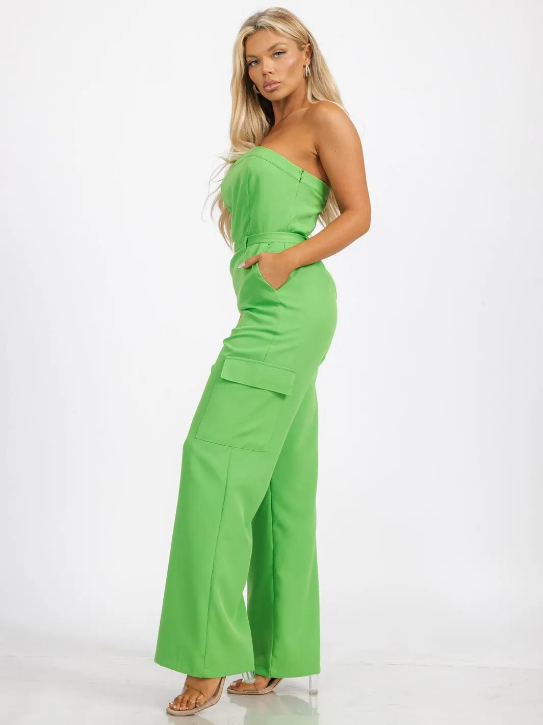 WOMEN'S SLEEVELESS SMOCK BELTED POCKETS WIDE LEG JUMPSUIT