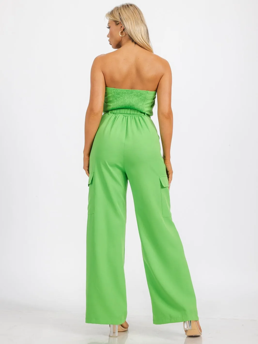 WOMEN'S SLEEVELESS SMOCK BELTED POCKETS WIDE LEG JUMPSUIT