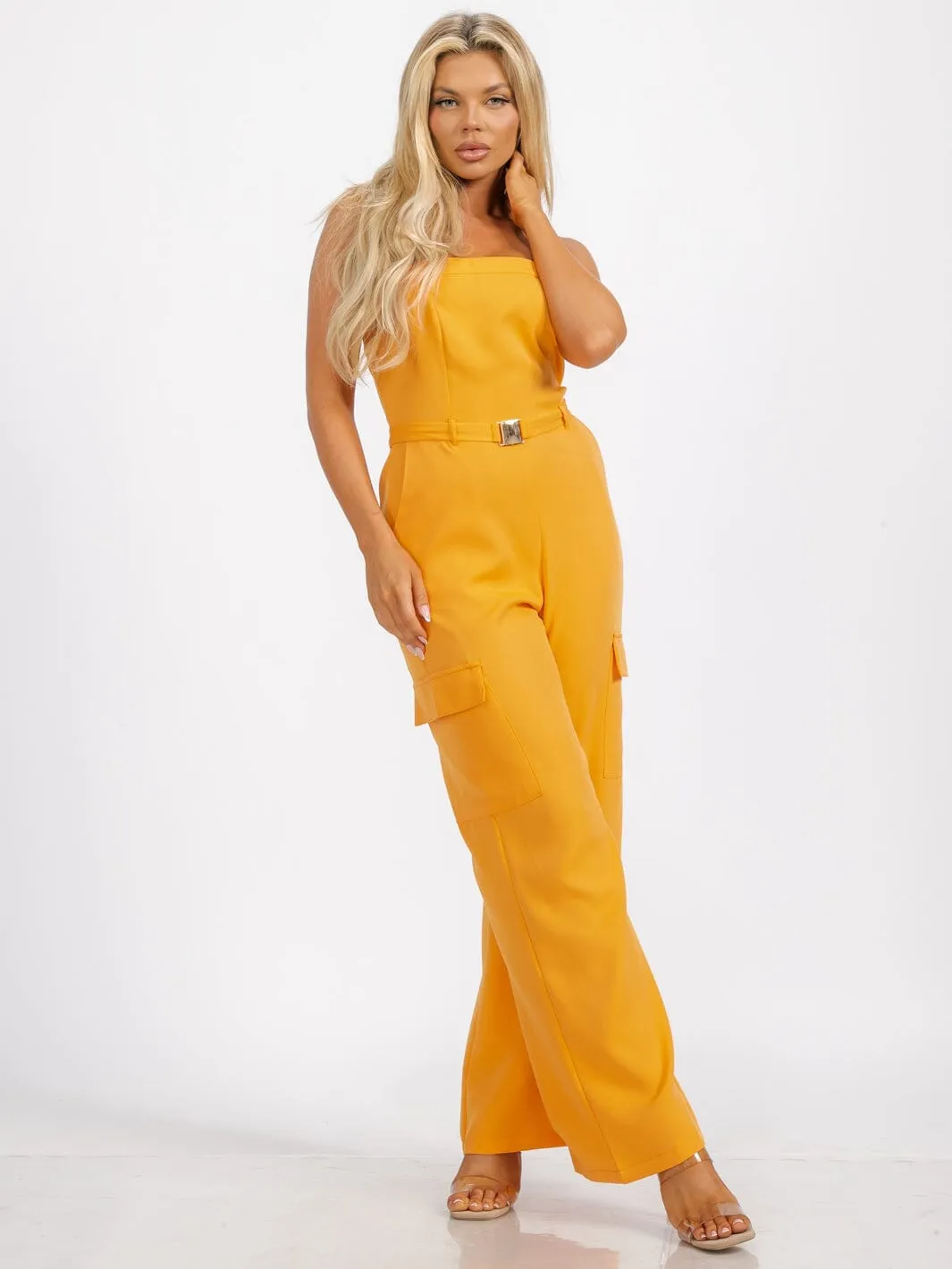 WOMEN'S SLEEVELESS SMOCK BELTED POCKETS WIDE LEG JUMPSUIT