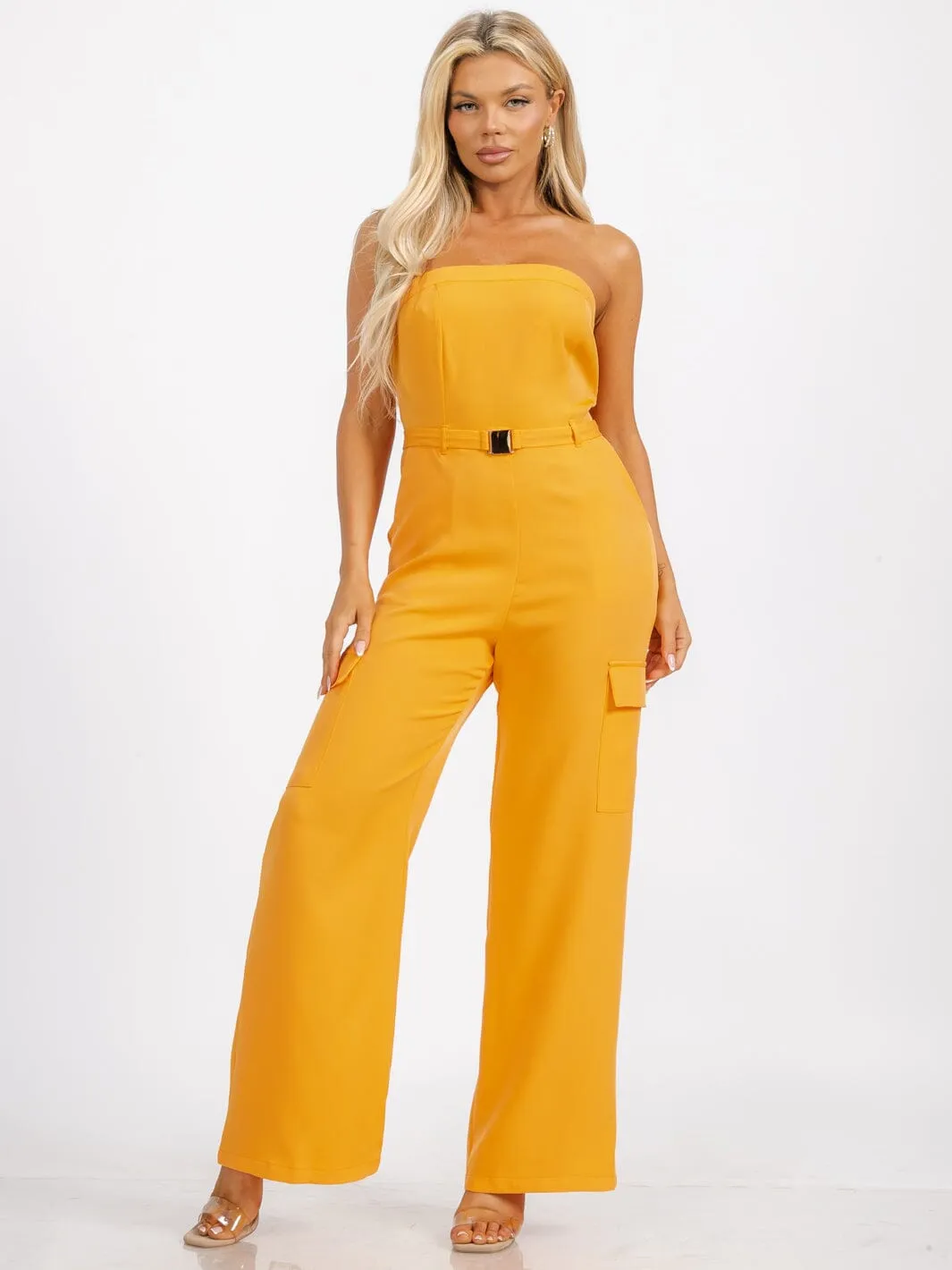 WOMEN'S SLEEVELESS SMOCK BELTED POCKETS WIDE LEG JUMPSUIT