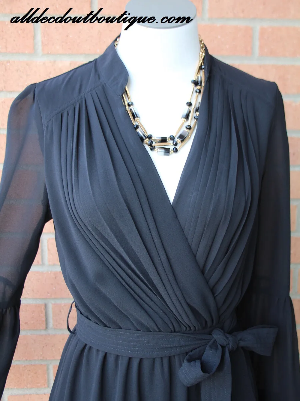 Yahada | Belted Bell Sleeve Dress Black