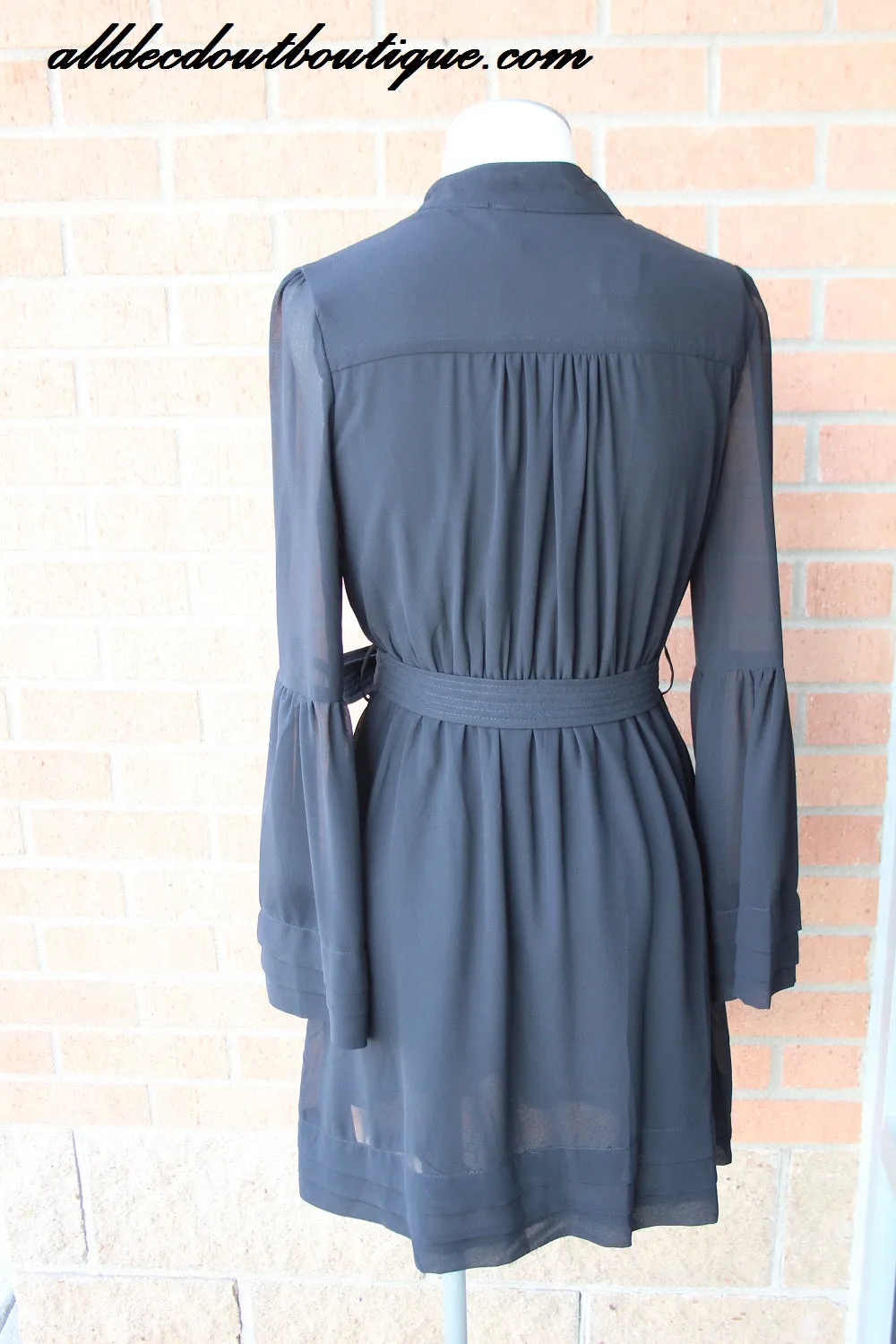 Yahada | Belted Bell Sleeve Dress Black