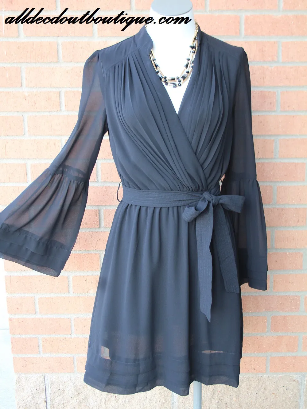 Yahada | Belted Bell Sleeve Dress Black