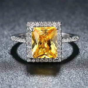 Yellow Crystal & Cubic Zirconia Cushion-Cut Halo Ring