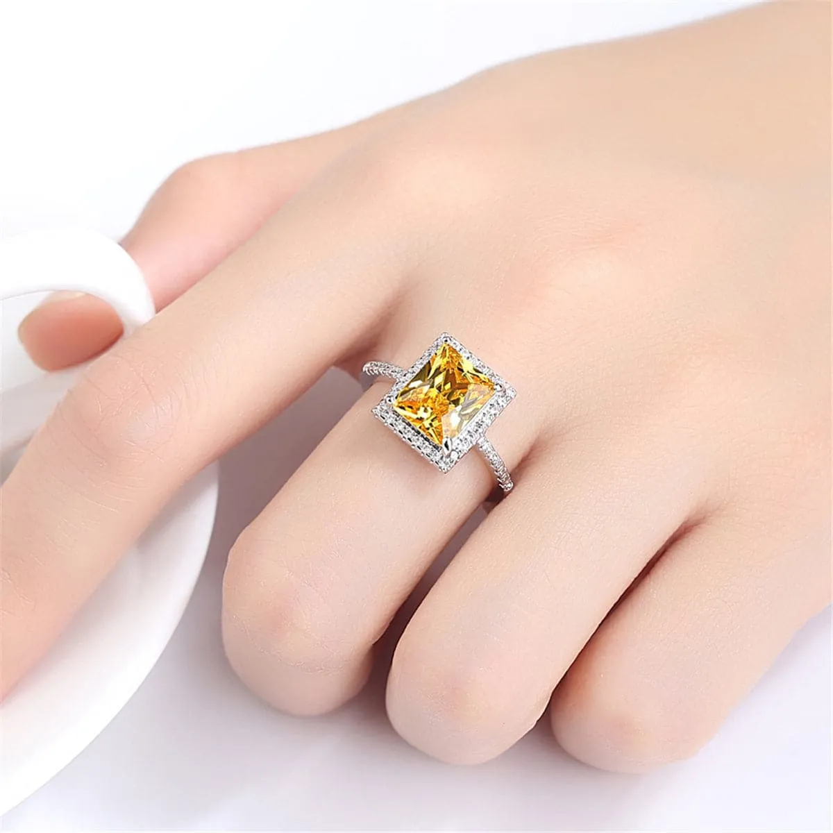 Yellow Crystal & Cubic Zirconia Cushion-Cut Halo Ring