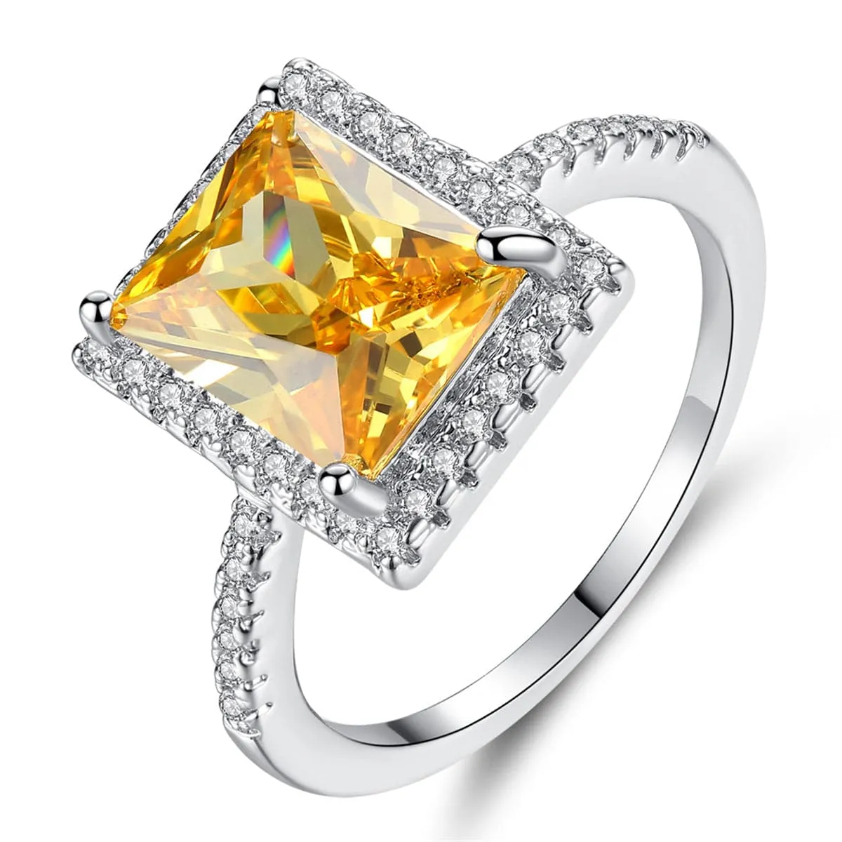Yellow Crystal & Cubic Zirconia Cushion-Cut Halo Ring