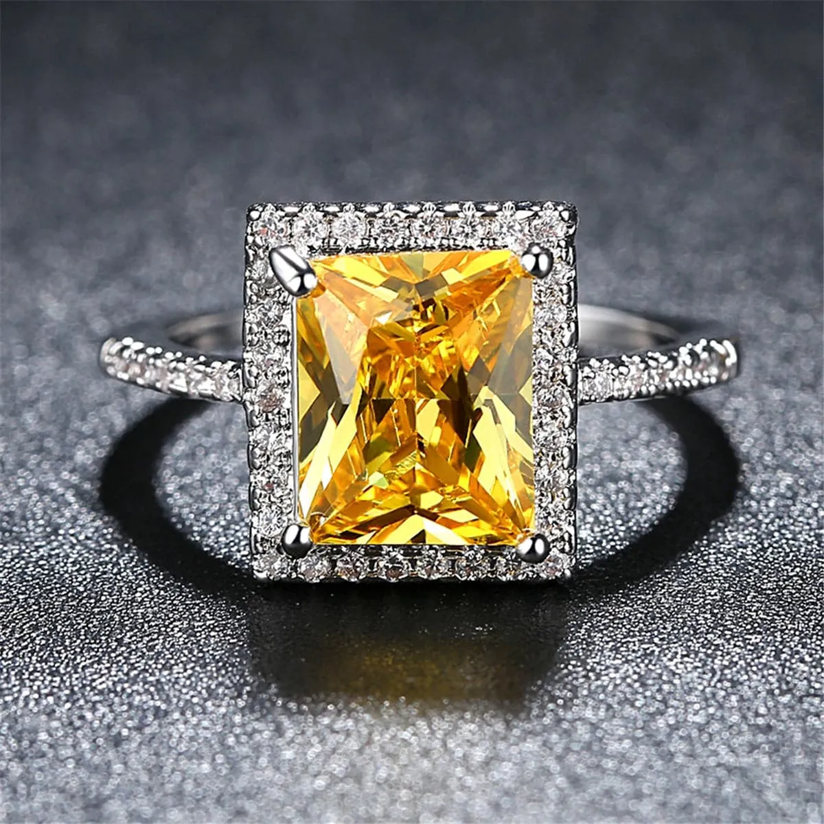 Yellow Crystal & Cubic Zirconia Cushion-Cut Halo Ring