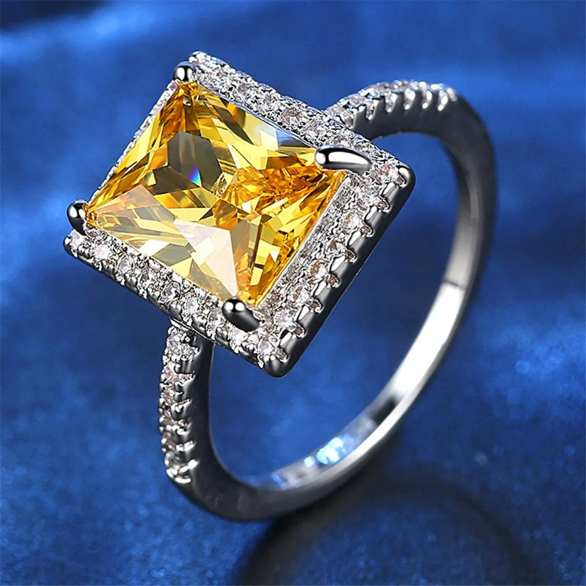 Yellow Crystal & Cubic Zirconia Cushion-Cut Halo Ring