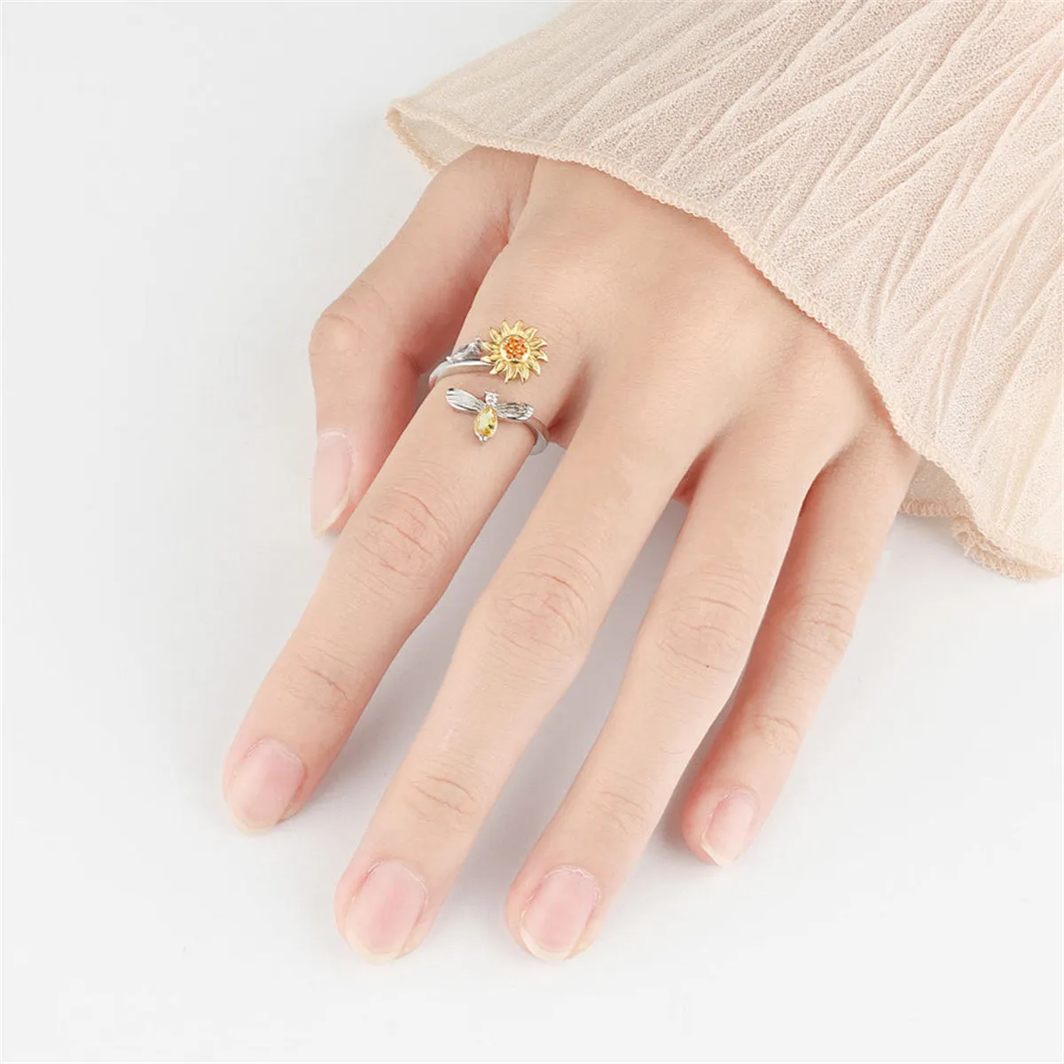 Yellow Crystal & Cubic Zirconia Rotatable Sunflower Bee Bypass Ring