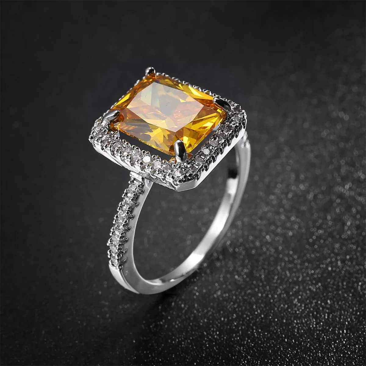 Yellow Crystal & Cubic Zirconia Silver-Plated Princess Cut Ring