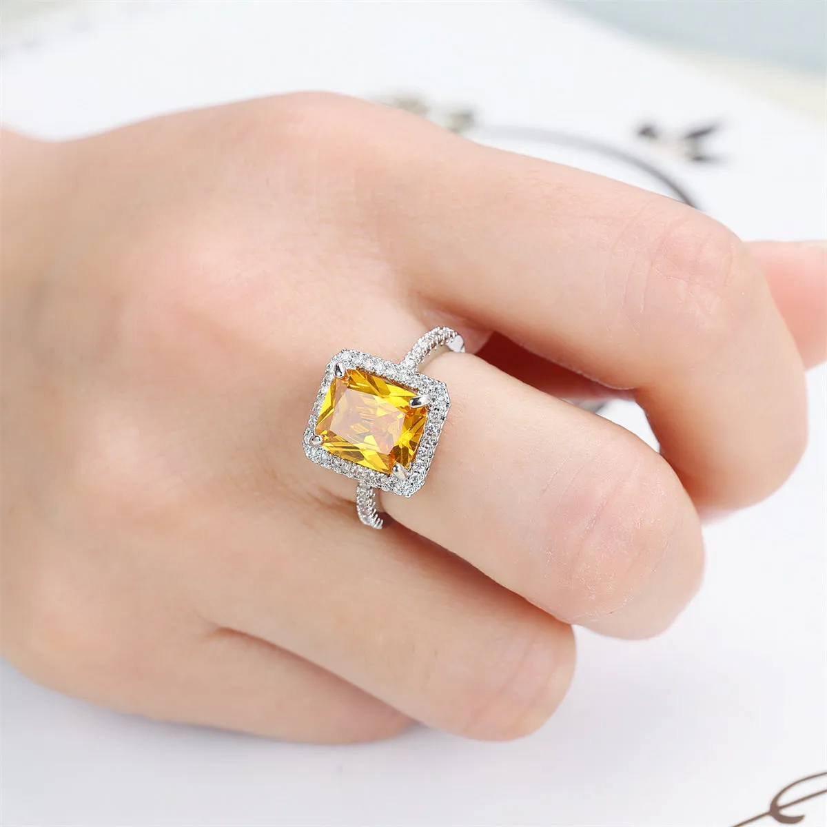 Yellow Crystal & Cubic Zirconia Silver-Plated Princess Cut Ring