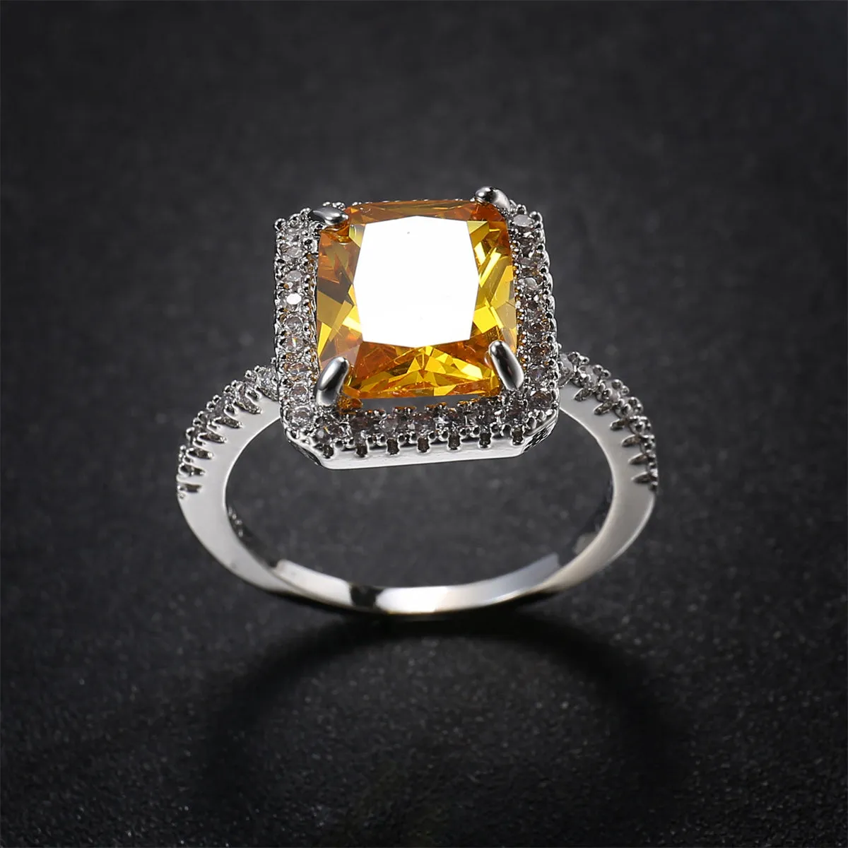 Yellow Crystal & Cubic Zirconia Silver-Plated Princess Cut Ring