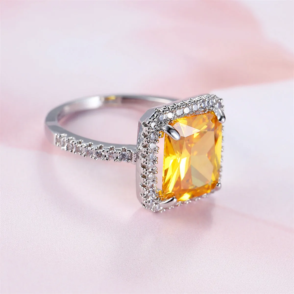 Yellow Crystal & Cubic Zirconia Silver-Plated Princess Cut Ring