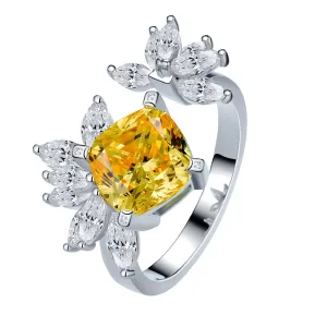 Yellow Crystal & Silver-Plated Cushion-Cut Bypass Ring