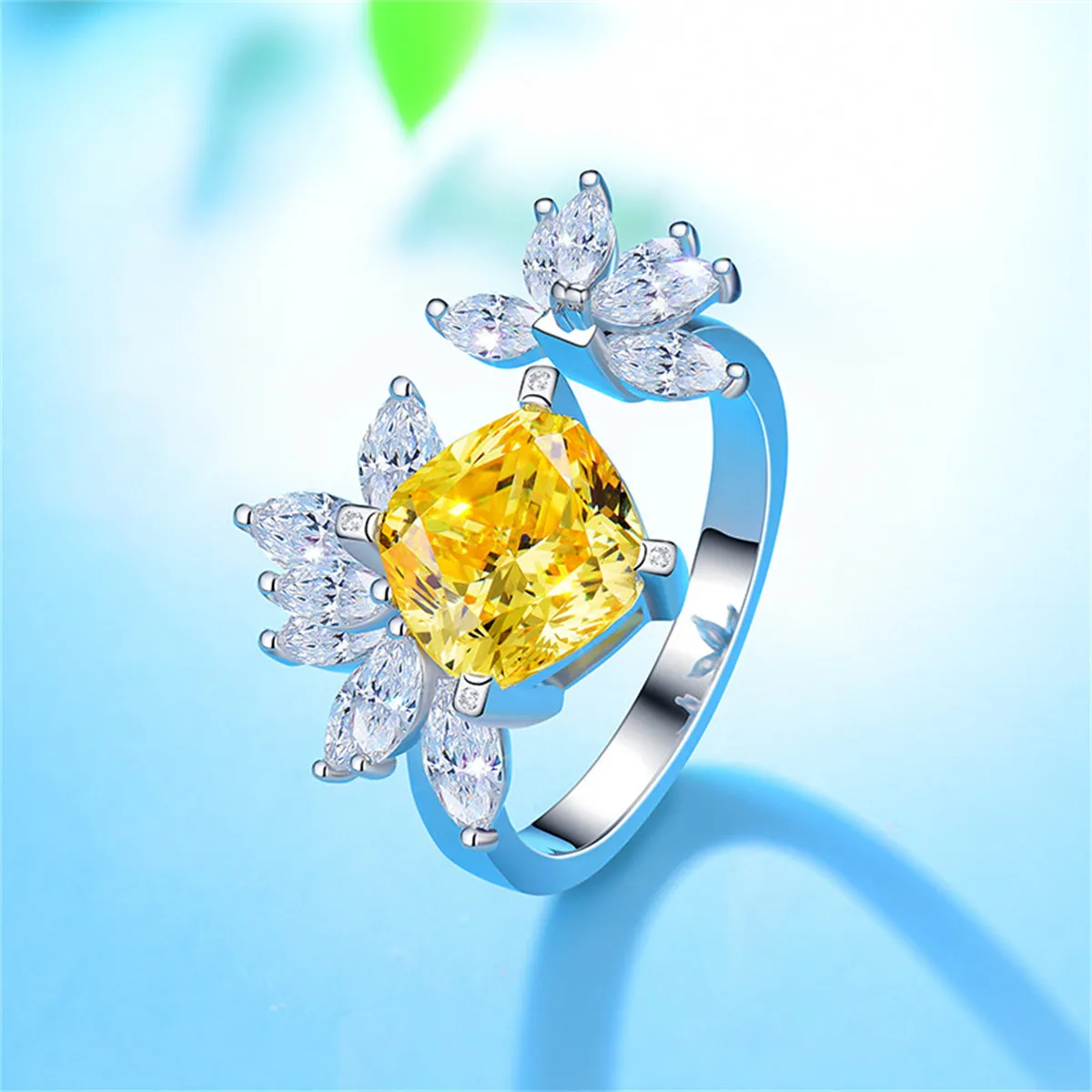 Yellow Crystal & Silver-Plated Cushion-Cut Bypass Ring