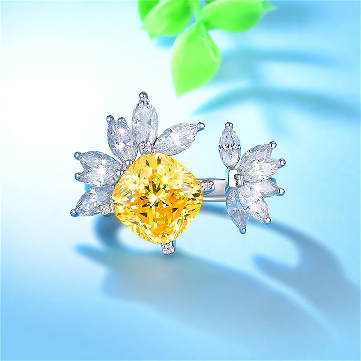 Yellow Crystal & Silver-Plated Cushion-Cut Bypass Ring
