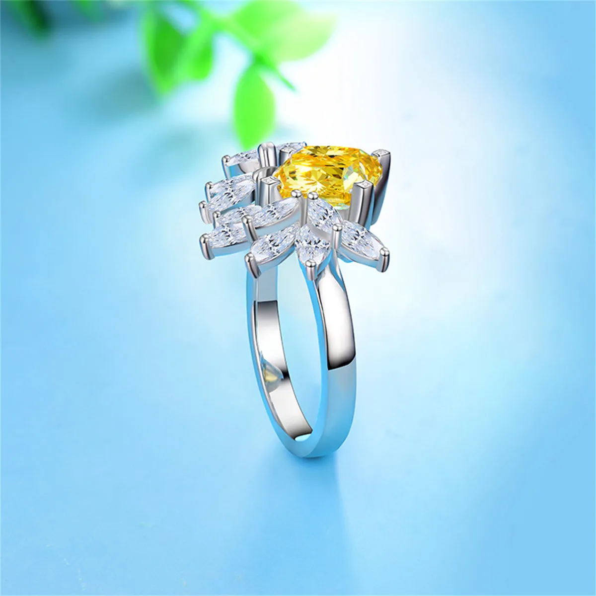 Yellow Crystal & Silver-Plated Cushion-Cut Bypass Ring