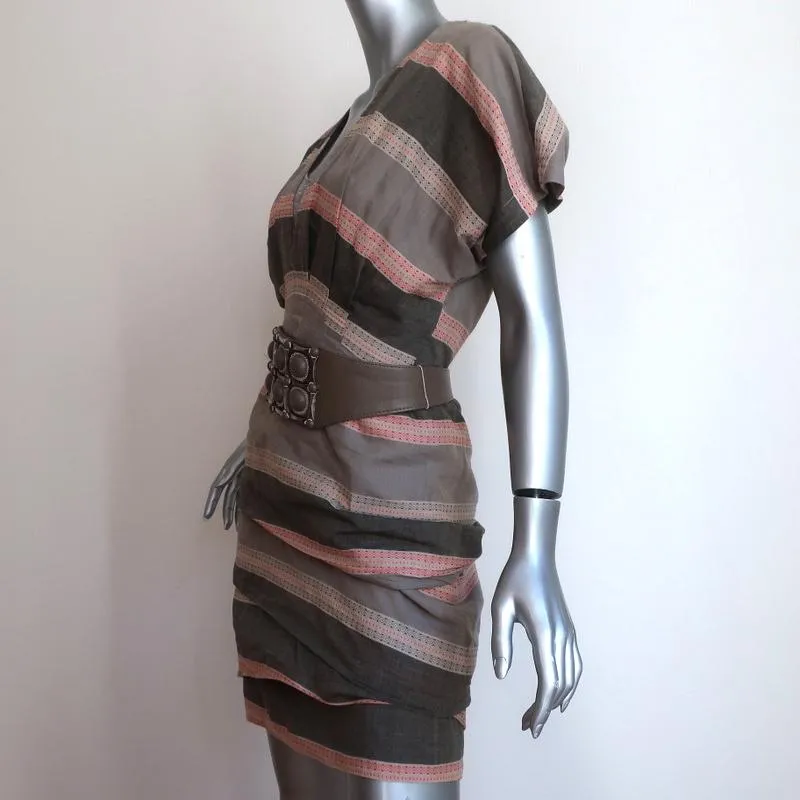 Yigal Azrouel Belted Dress Gray/Beige Striped Cotton Size 4 Short Sleeve Mini