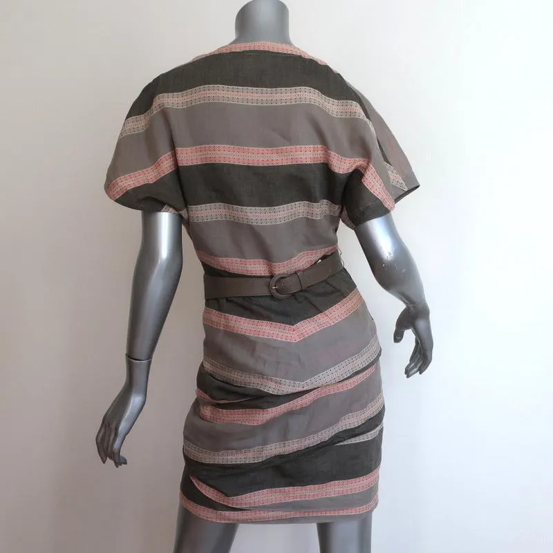 Yigal Azrouel Belted Dress Gray/Beige Striped Cotton Size 4 Short Sleeve Mini