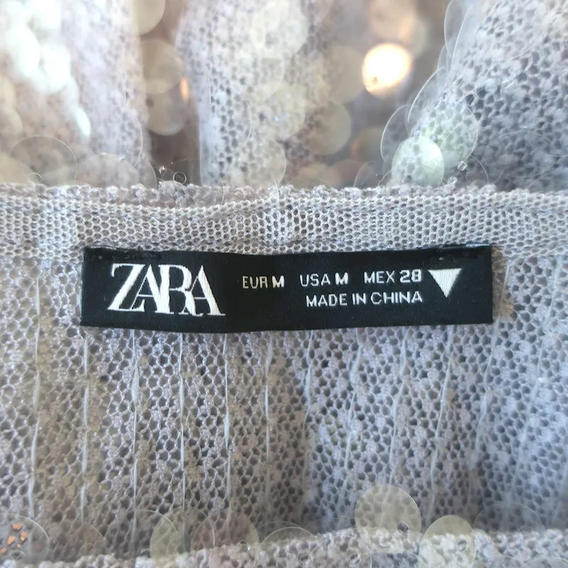 Zara Sequined Long Sleeve Top Silver Gray Size Medium