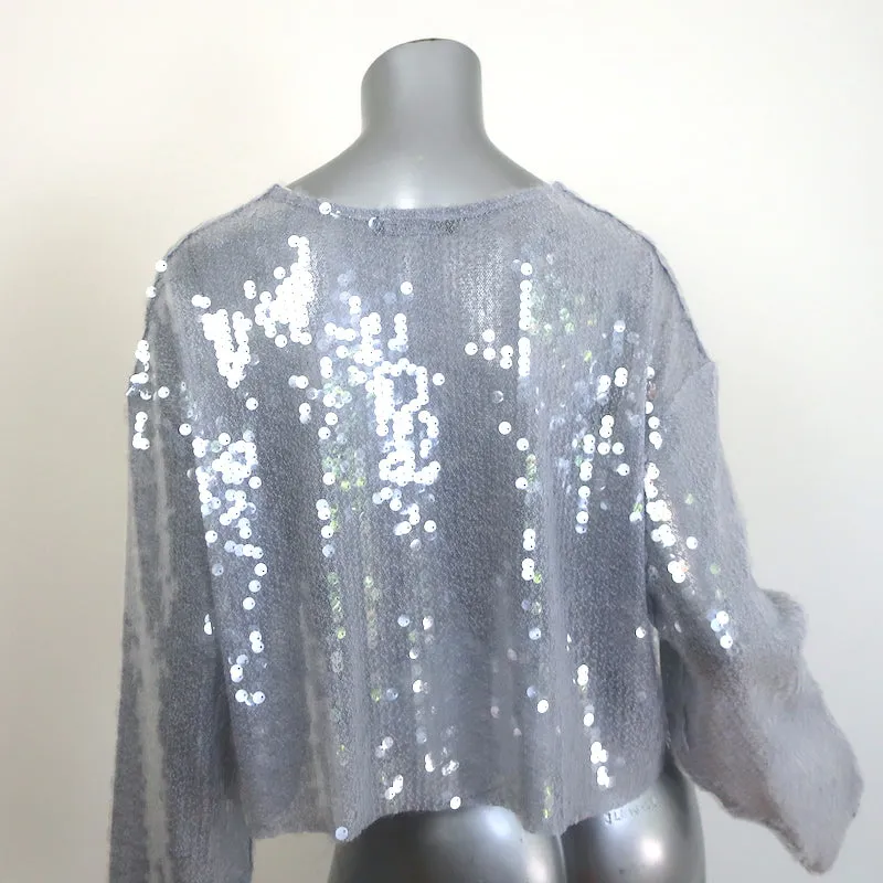 Zara Sequined Long Sleeve Top Silver Gray Size Medium