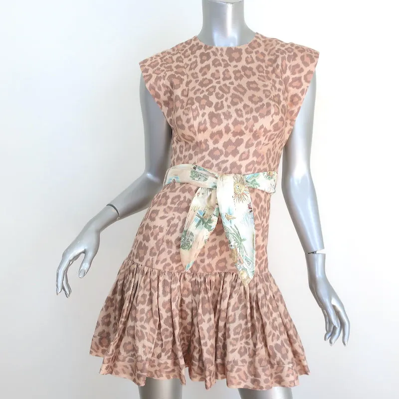 Zimmermann Kirra Belted Flounce Mini Dress Beige Leopard Print Linen Size 0