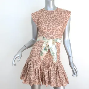 Zimmermann Kirra Belted Flounce Mini Dress Beige Leopard Print Linen Size 0