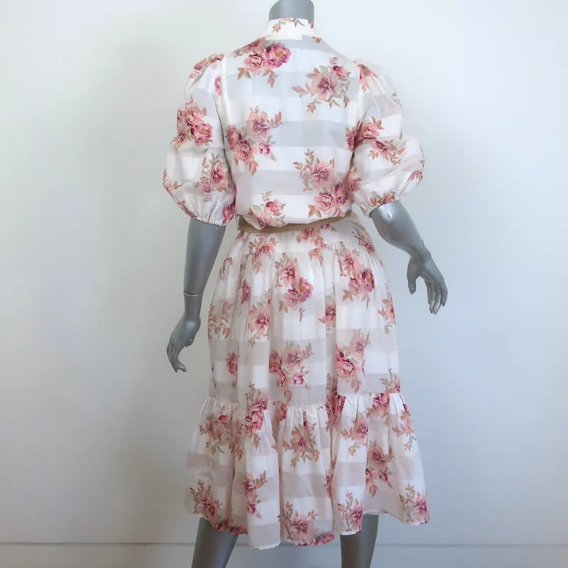 Zimmermann Rosa Striped Belted Tiered Midi Dress Cream Floral Print Size 0