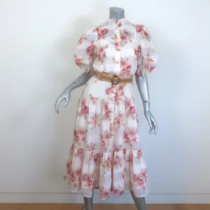 Zimmermann Rosa Striped Belted Tiered Midi Dress Cream Floral Print Size 0