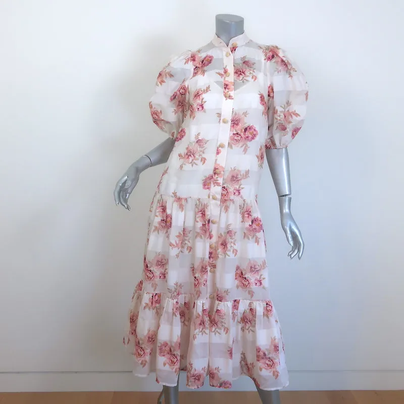 Zimmermann Rosa Striped Belted Tiered Midi Dress Cream Floral Print Size 0
